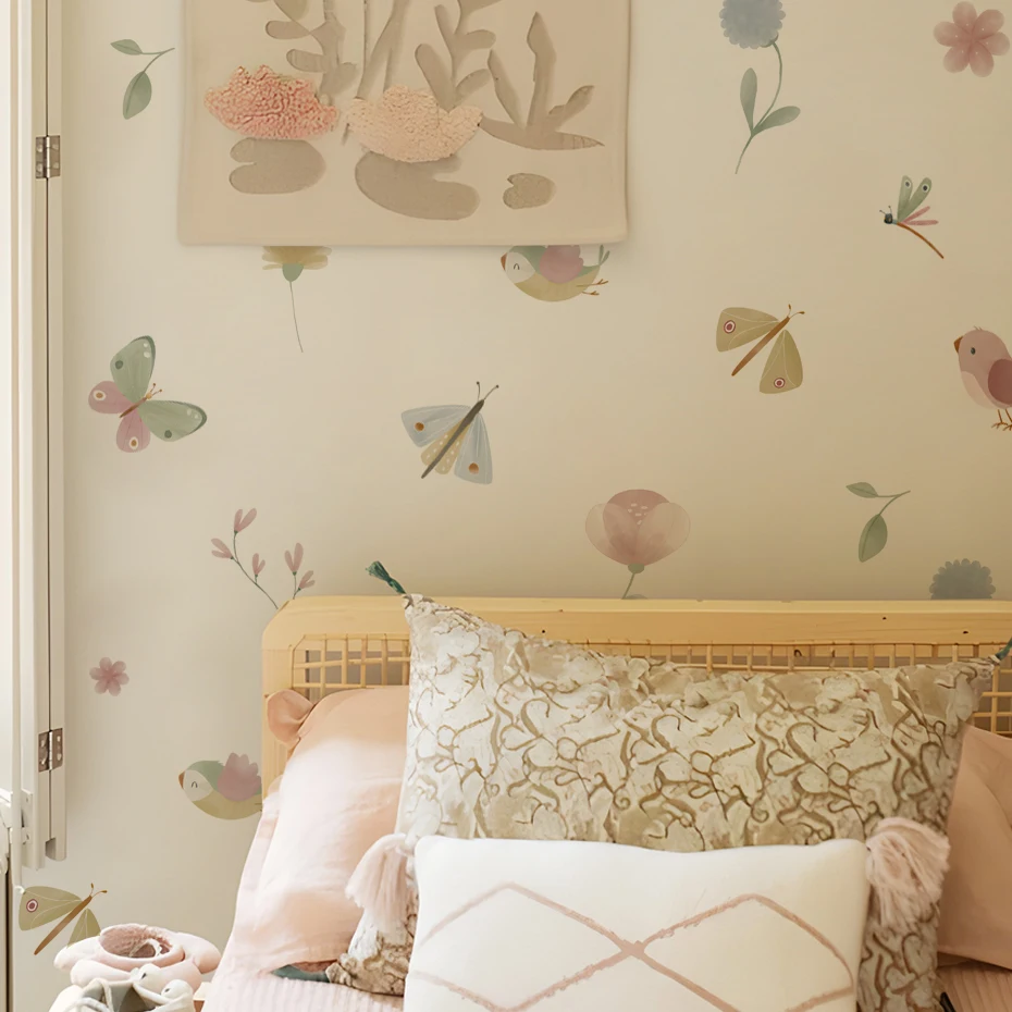 Boho Pink Butterfly Birds Wall Stickers Decoration for Kids Room Living Room Interior House Decor Vinyl Wall Decals Art Mural