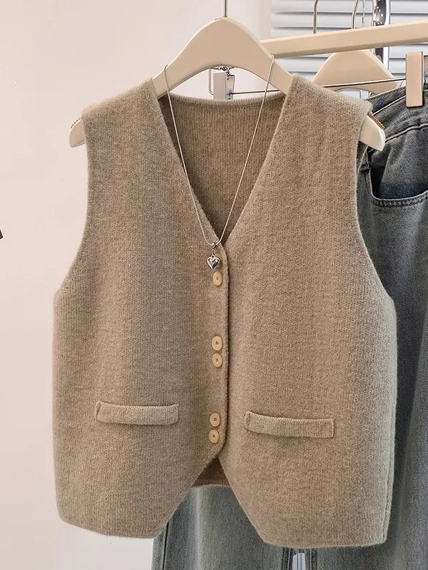 Women's Knitted V-Neck Vest Top Spring Autumn Winter Outerwear Fashionable Layering Sweater Large Size Open Cardigan Jacket