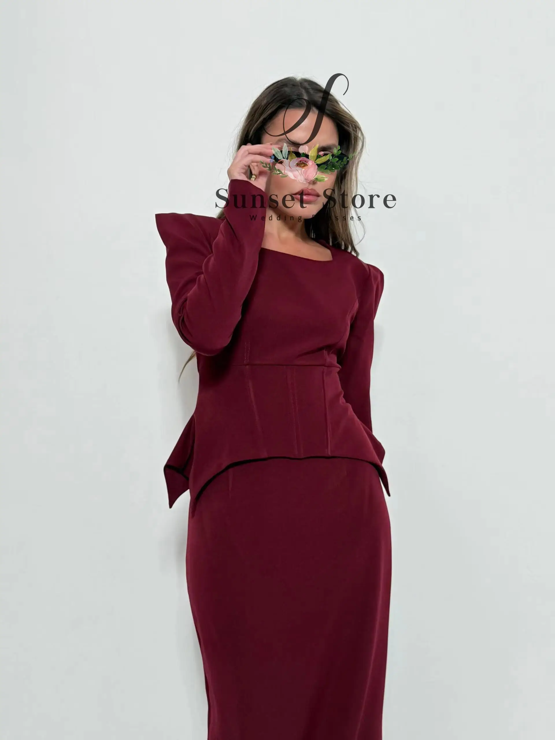 Customized Arabic Modest Burgundy Evening Dress Square Neck Full Sleeve Formal Occasion Dress Velvet Peplum Gown view 3