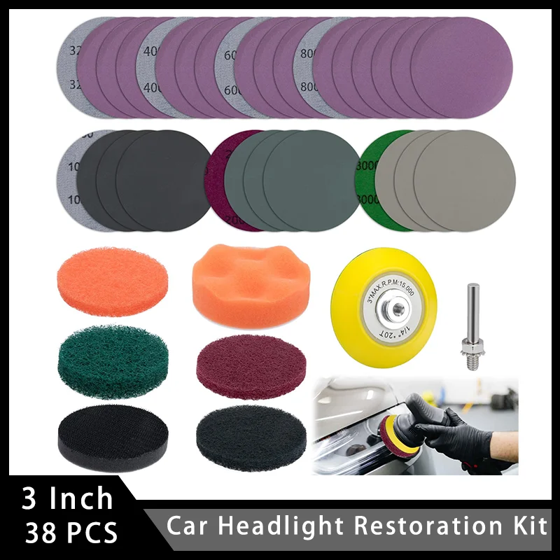 3 Inch Car Headlight Restoration Kit with Sanding Discs Scouring Pads Polishing Pads 38 Pcs for Polishing and Sanding Car Metal