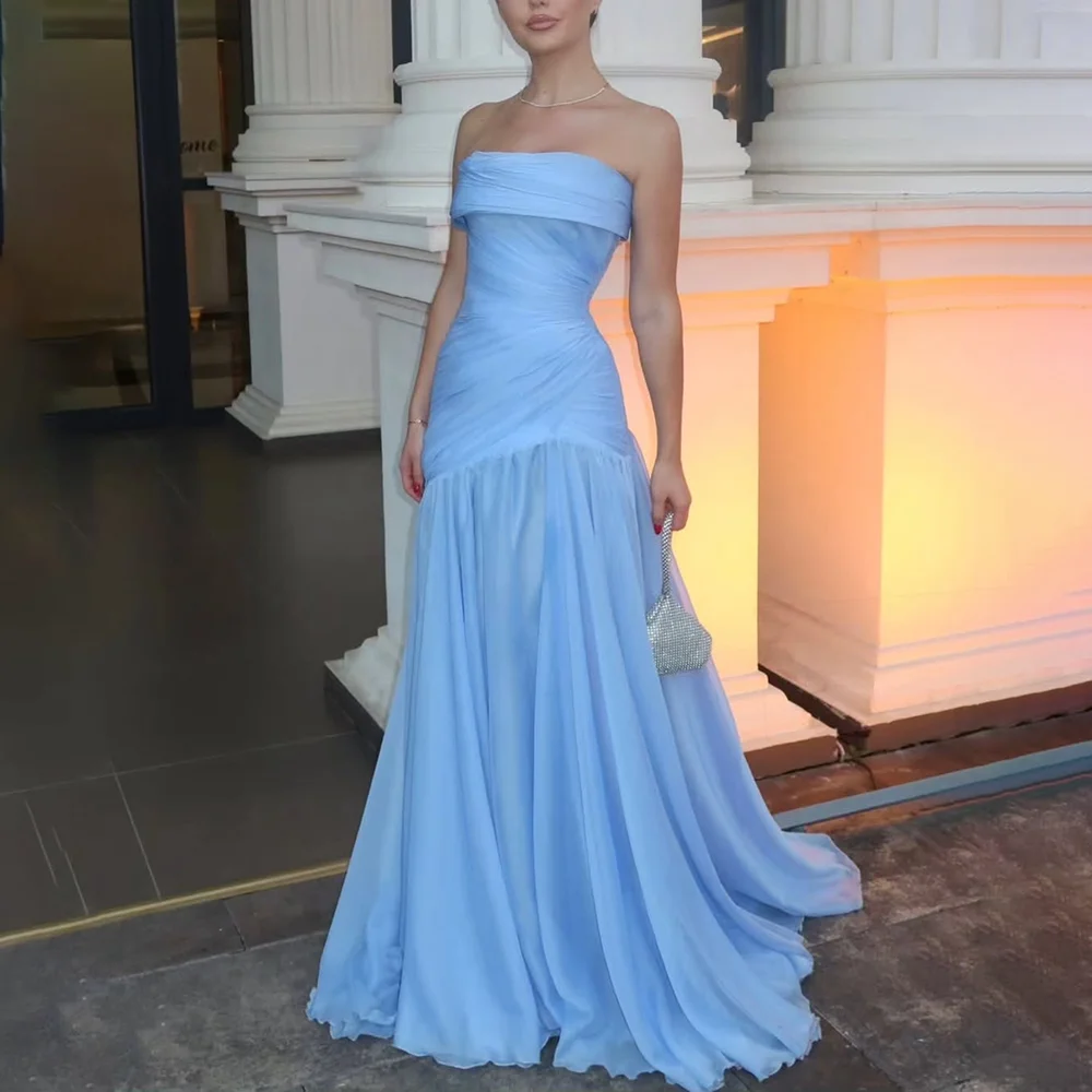 

Sky Blue Evening Dress for Women Strapless Pleat Chiffon Evening Gowns Sleeveless A Line Elegant Formal Party Dress Customized