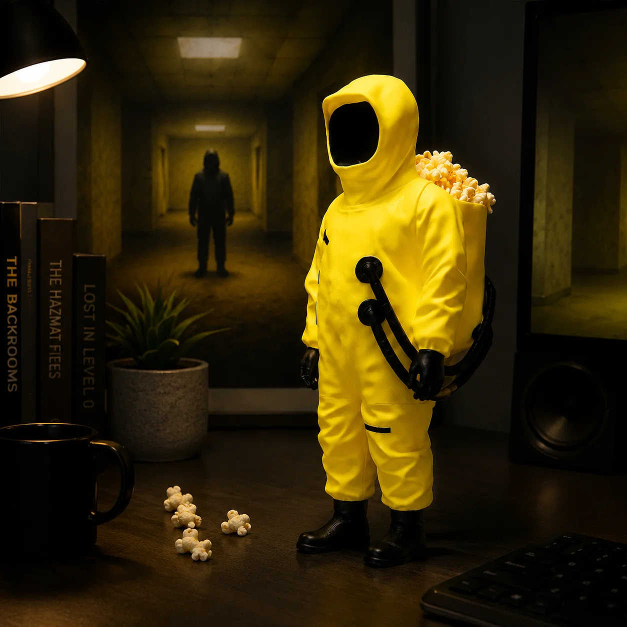 Movie The Backrooms Popcorn Bucket Yellow Wanderer Figure Horror Film Collectible Figurine Desk Decor Storage Bucket for Fans