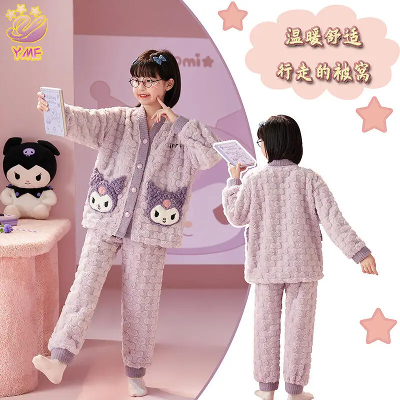 

Hot Sanrio Girl Pajama Set Kuromi Kawaii Anime Autumn and Winter Child Thicken Keep Warm Tops Long Pants 2-Piece Set New Style