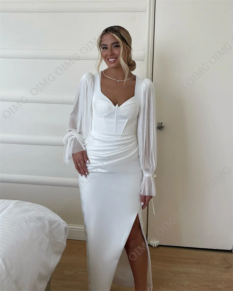 OIMG Sexy Sweetheart Beach Princess Side Slit Wedding Dresses Gowns Full Sleeves Elegant Formal Bride Bridal Gown Dress2023