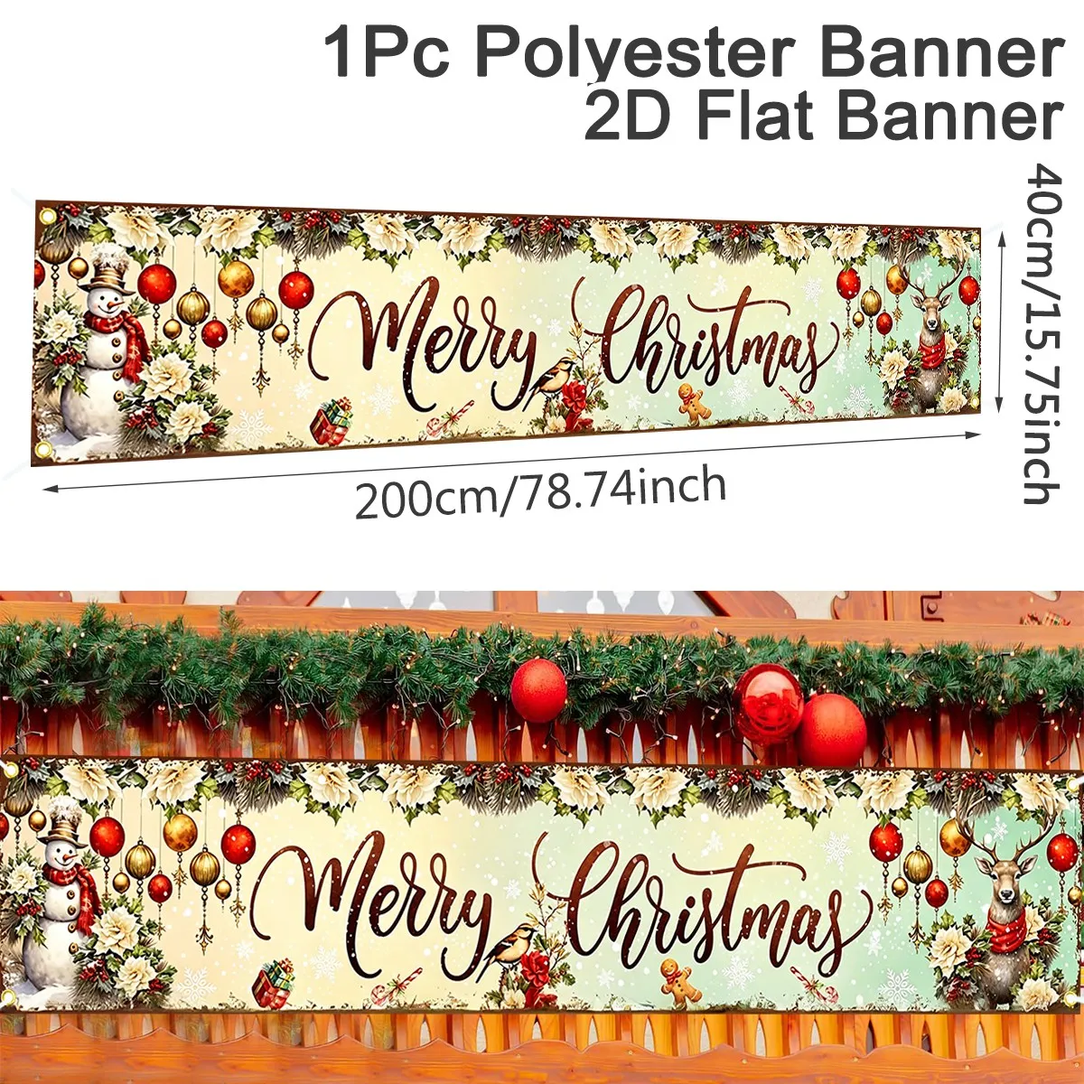 Vintage Christmas Banner 200*40cm Reindeer Print Polyester Backdrop Indoor Outdoor Home Party Decor Christmas Decorations 2026