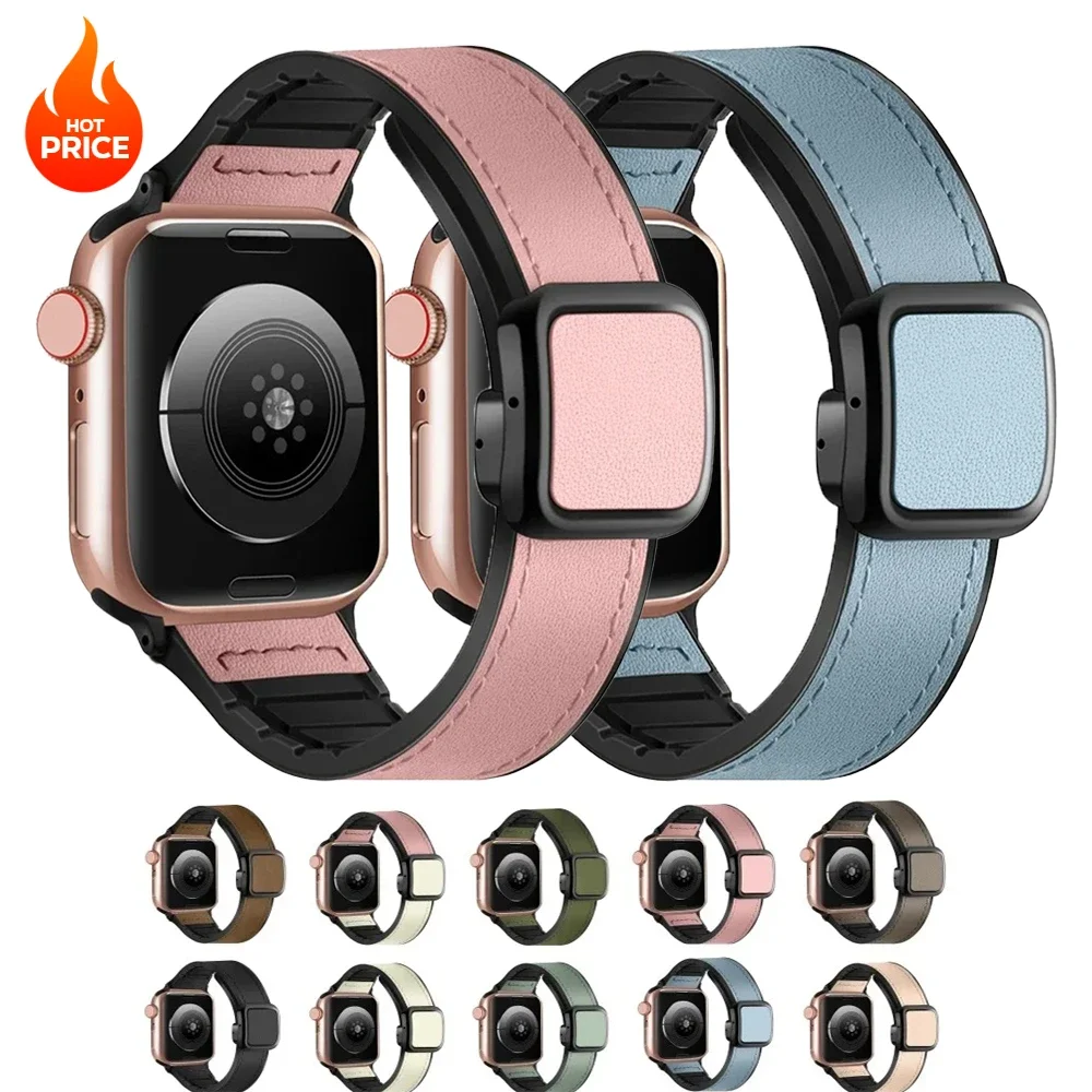 Couro magnético + pulseira de silicone para apple watch ultra2 49mm 10 46mm 42mm pulseira para iwatch series9 8 7 6 5 4 se 41mm 38mm banda