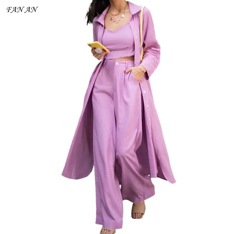 

Ladies Fashion Mid-length Shirt Suspenders Straight Leg Wide Pants Three-piece Suit Ladies Commuter Casual Suit Suit Jacket