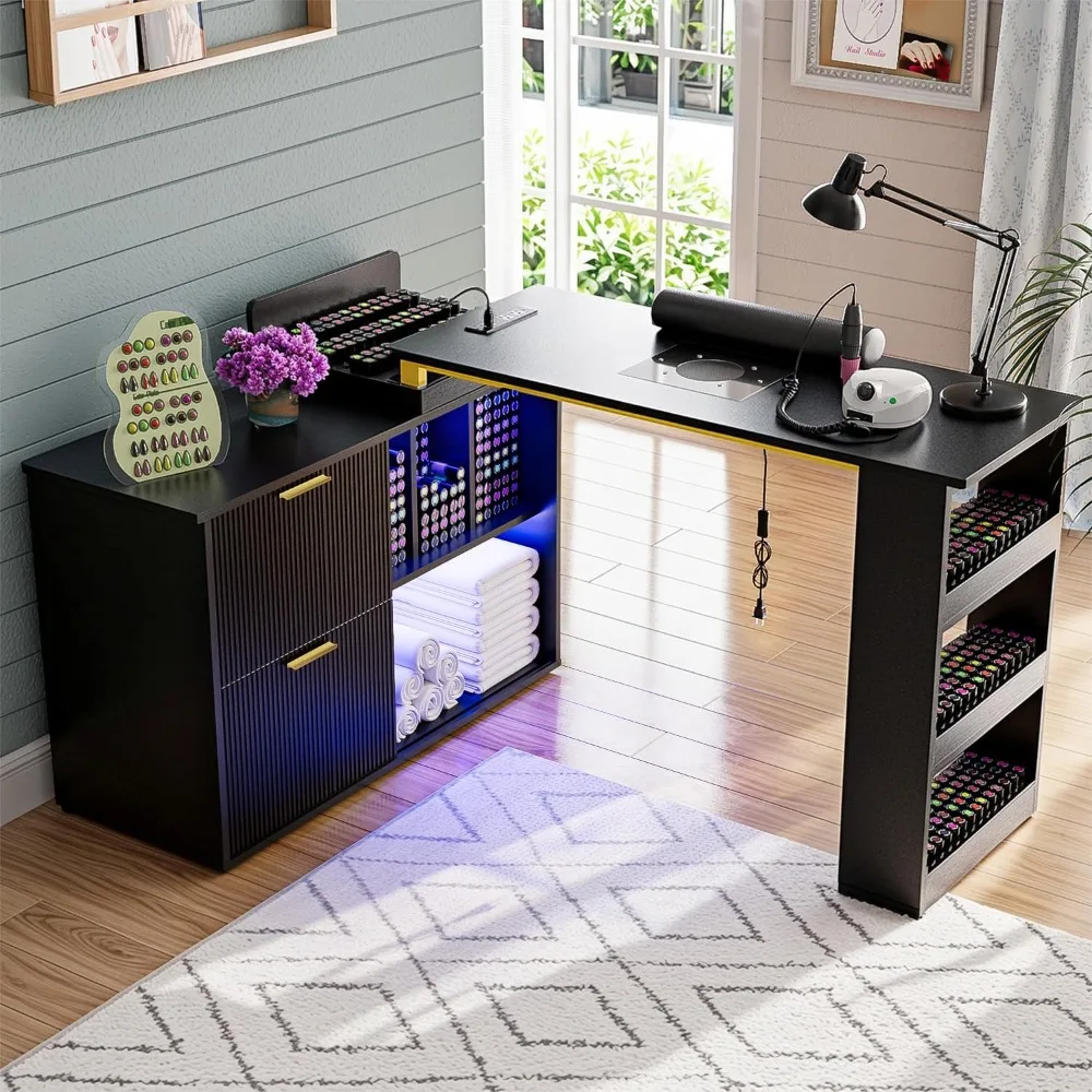 Manicure Table with LED Light, w/ Dust Collector & Power Outlets, Station Length Adjustable Nail Desk w/ Sliding Cabinet Door