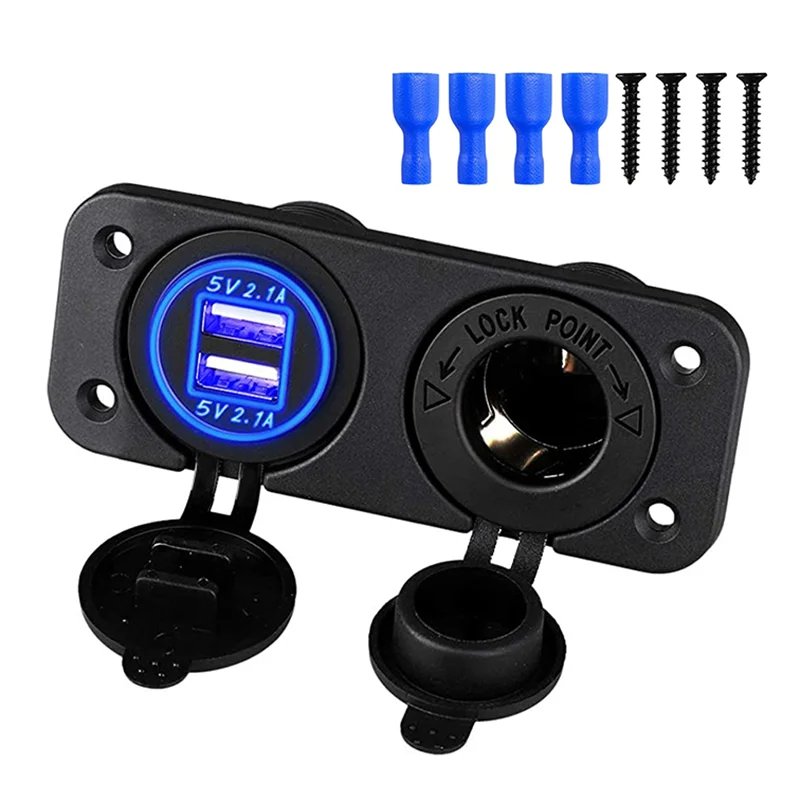 12V Marine USB Outlet Socket Panel 2 in 1 Cigarette Lighter Socket 4.2A Dual USB Ports Waterproof Charger for Car Motorcycle ATV