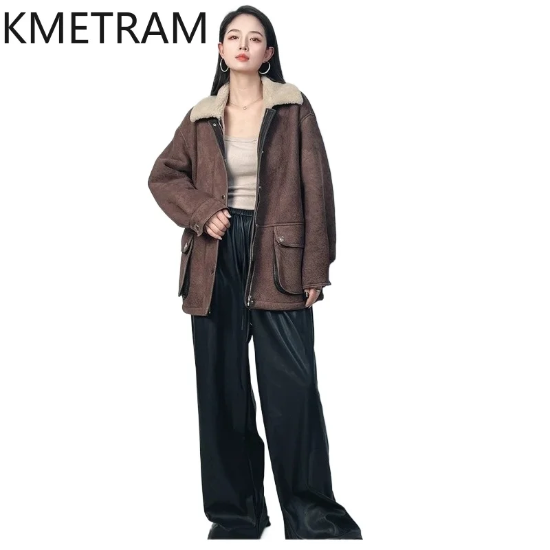 KMETRAM Real Sheepskin with Wool Attached Coats Vintage Oversized Fur Jacket Winter Warm Fur Coat Woman Clothing 70cm 2026 шуба