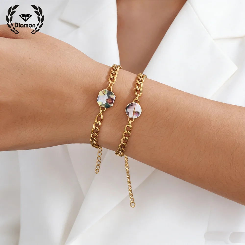 Diamon Custom Photo 5mm Width Adjustable Chain Bracelet for Women Men Kids Stainless Steel Polished Picture Jewelry Gifts