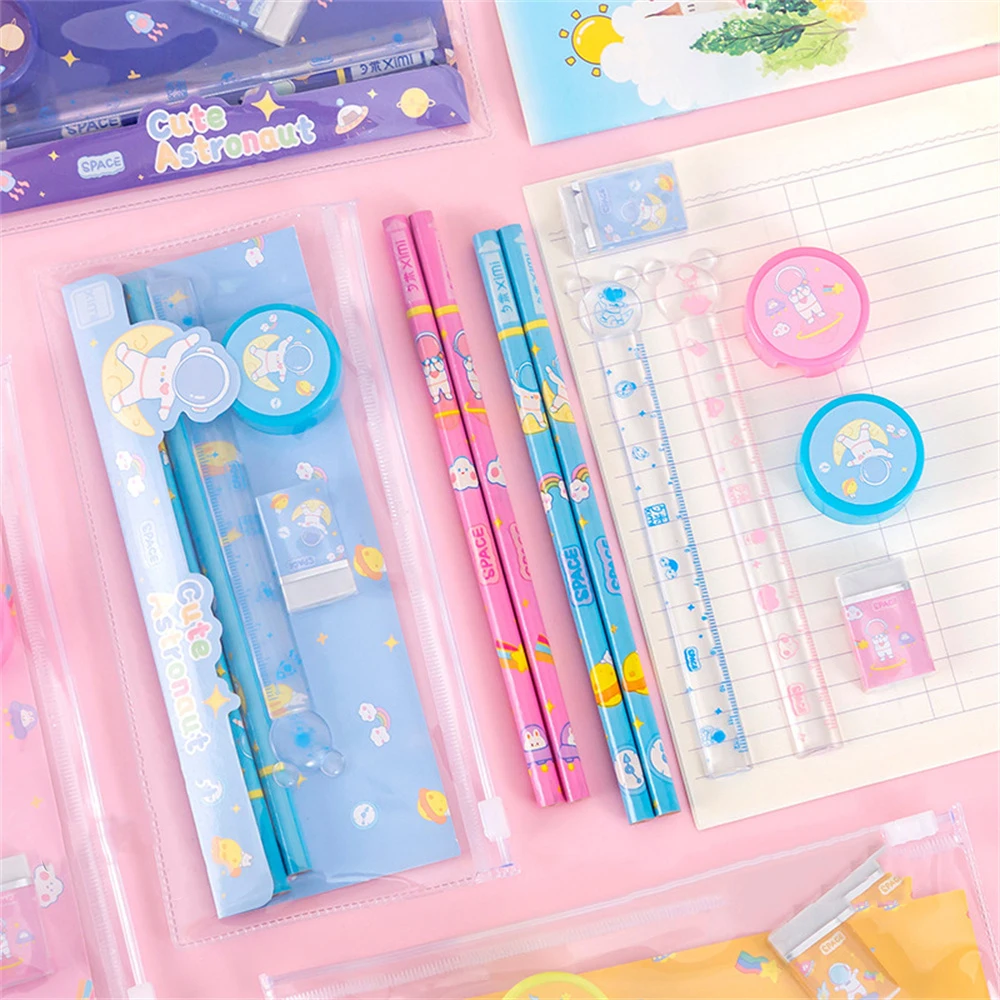 Astronaut Stationery Set Five-Piece Children's Stationery Small Gift Pencil Eraser Sharpener Ruler Set Cute Stationery Bag