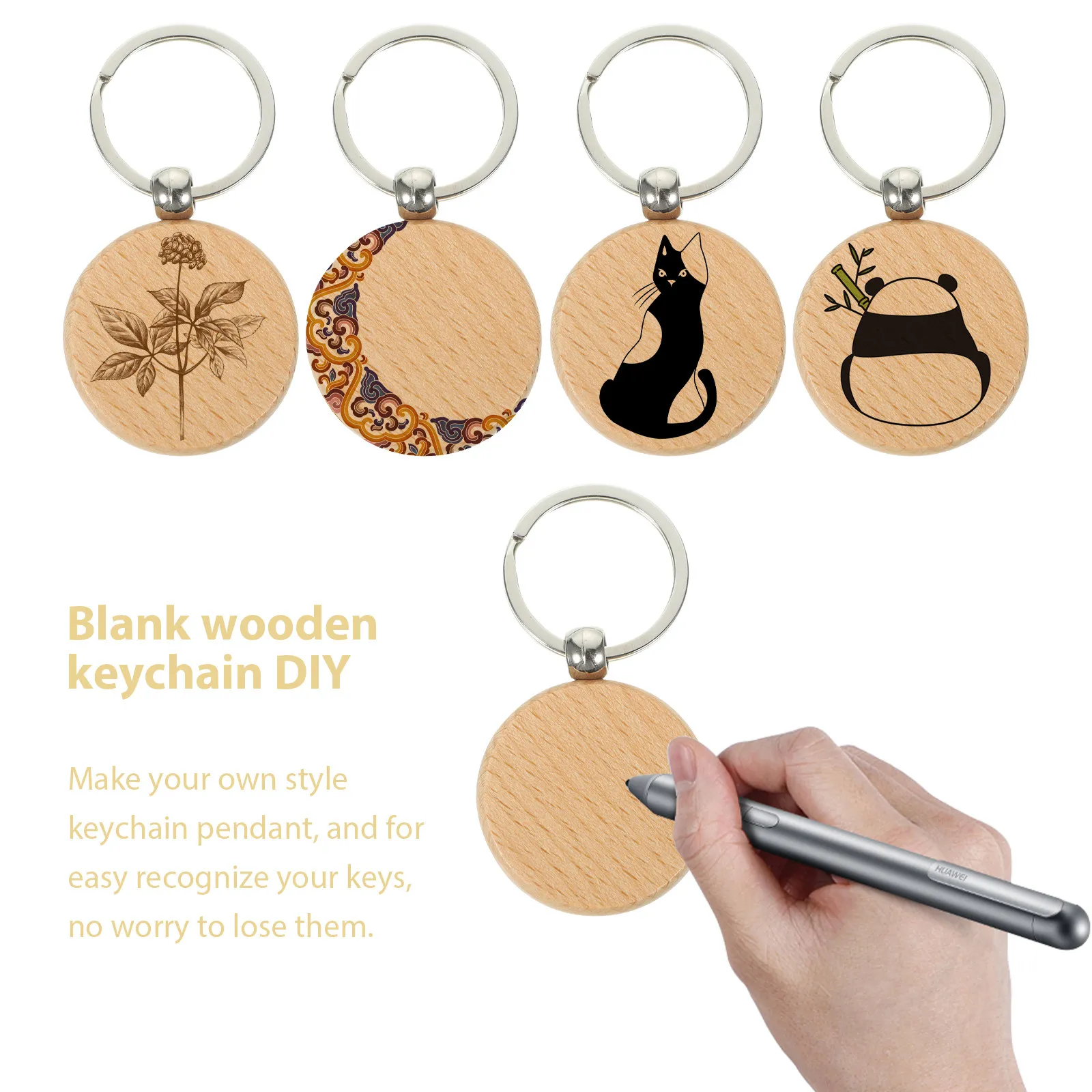 20Pcs Wooden Keychain Blanks DIY Engravable Unfinished Beech Wood Keychains for Crafts Birthday Thanksgiving Gift Rustic