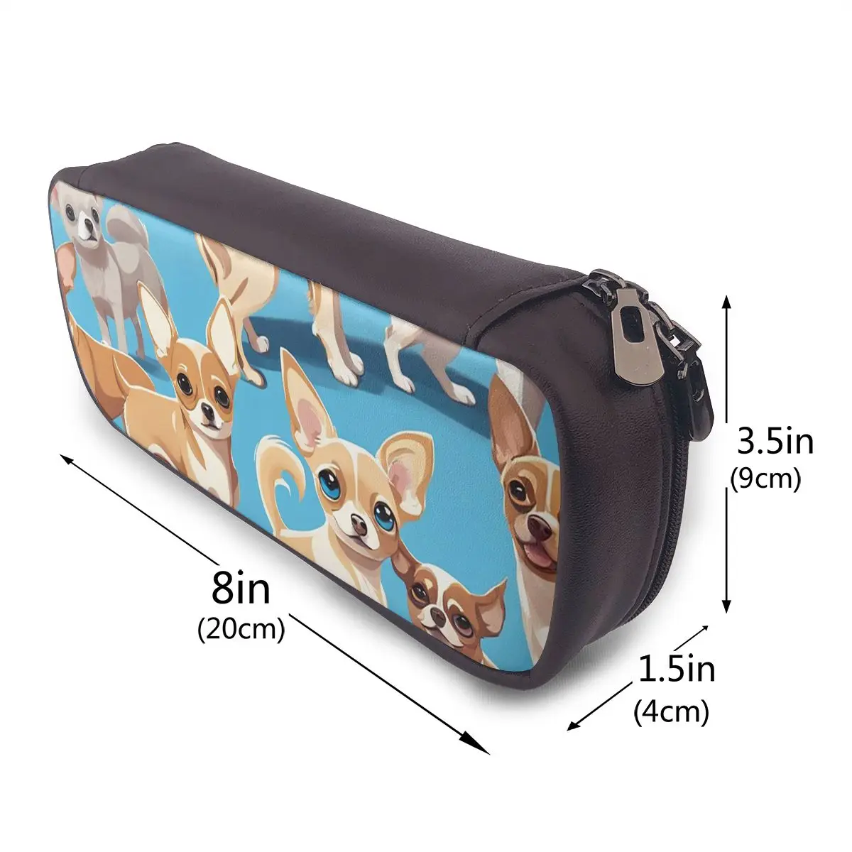 A Pack Of Chihuahuas, Basic Blue Color Leather Pencil Case for Kids Gifts Pen Box Pencil Bag Stationery Supplies Pen Holder Bag