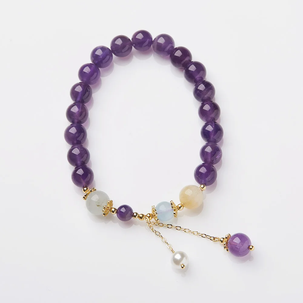 

8MM Natural Amethyst Bracelet for Women with Pearl Tassel Charm Beaded Hand Jewelry for Best Friends Gifts