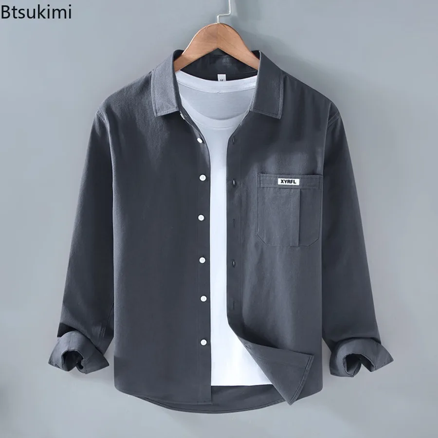 เสื้อเชิ้ตแขนยาวผ้าฝ้าย 100% สำหรับผู้ชาย สไตล์มินิมอล เรียบง่าย ลำลอง วินเทจ เสื้อคาร์โก้ สำหรับฤดูใบไม้ผลิและฤดูใบไม้ร่วง เสื้ออเนกประสงค์ เสื้อเชิ้ตผู้ชาย เสื้อโค้ท