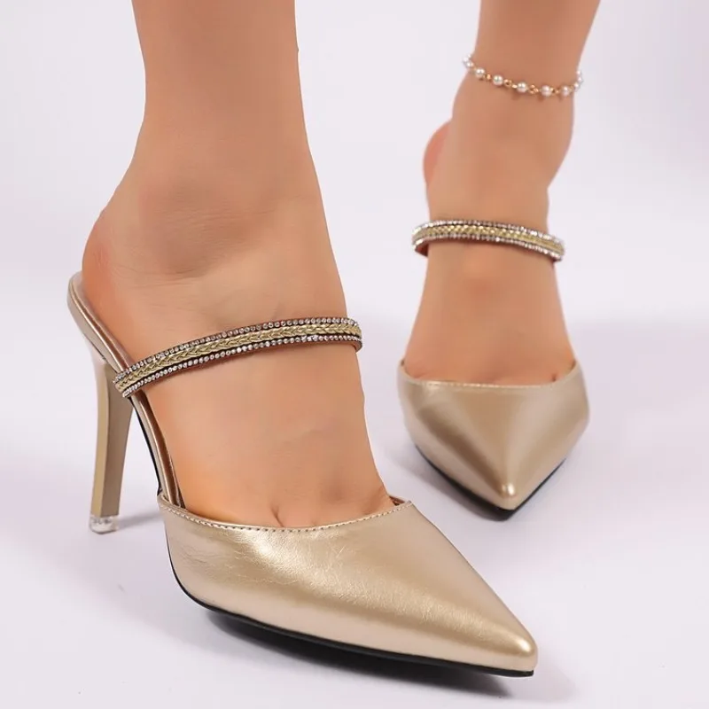 Women's Mules High Heel Pointed Toe Stiletto Slip-On Shoes with Rhinestone Strap Accent and Smooth Finish for Evening Party Wear