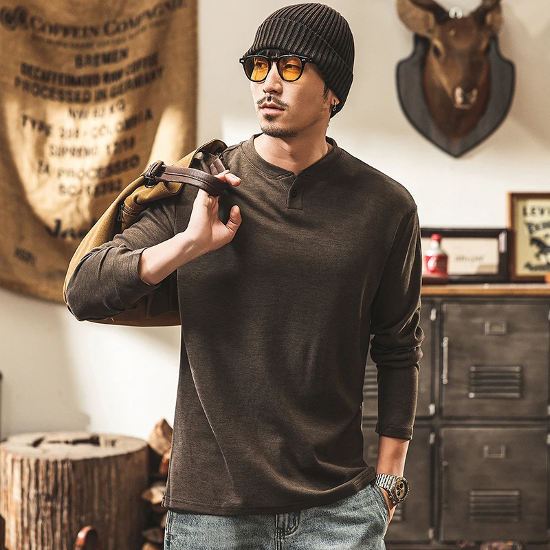 Men's Long Sleeve Casual T-shirts New Arrival 2026 Autumn American Style Henry Collar Solid Color Male Cotton Tops Tees N1019