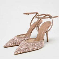 Women's Faux Pearl Sequin Wedding Shoes Pointed Toe Ankle Strap Sparkly Stiletto Heels Elegant Pumps for Evening Party Prom