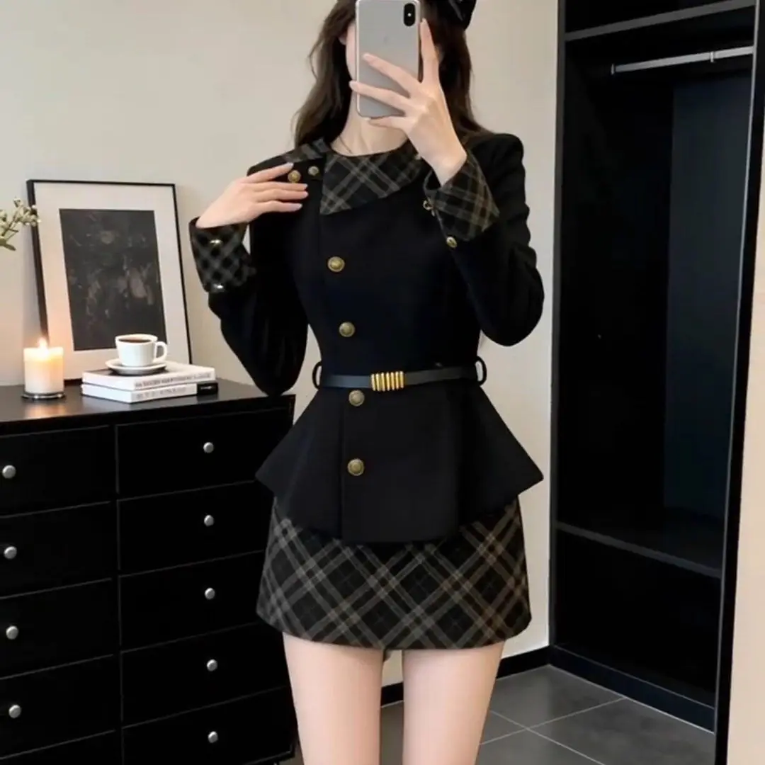 

British Knight Vintage Ladylike Tweed Coat Plaid Half Skirt Missy Style Two-Piece Set Women Winter High Waist Slim Fit Button up