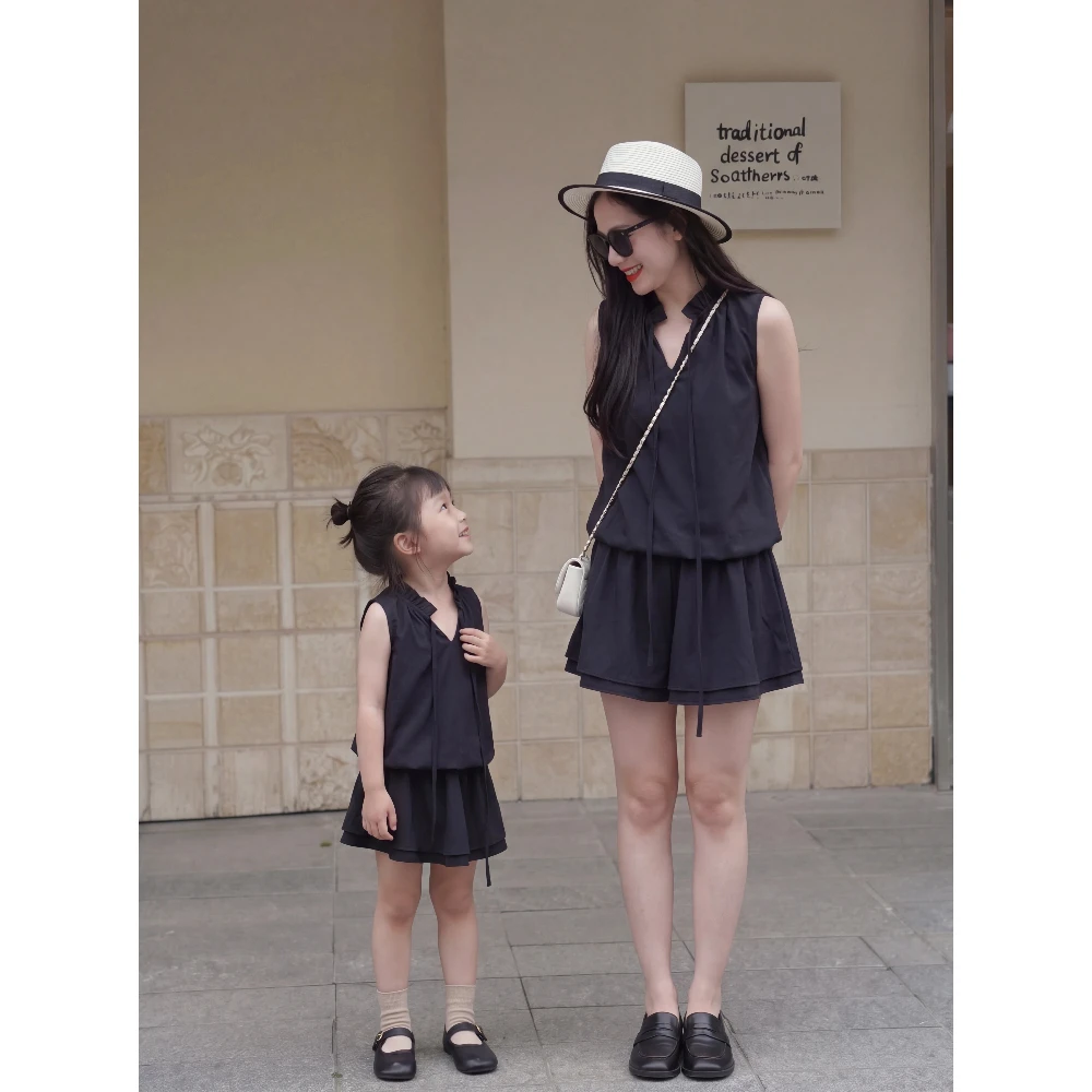 

Mommy and Me Matching Black 2-in-1 Skort Dress Set Sleeveless V-Neck Casual Loose Vacation Family Outfit for Mom and Daughter