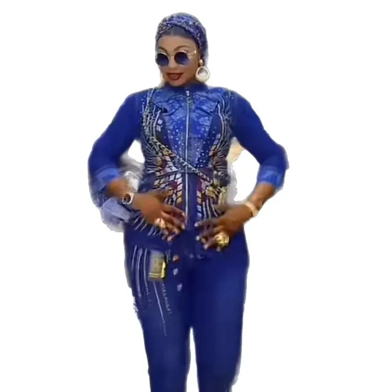 

Женская джинсовая куртка с длинными рукавами и длинными брюками с бриллиантами, верхняя одежда синего цвета, лето-осень, большие размеры, многослойная мода