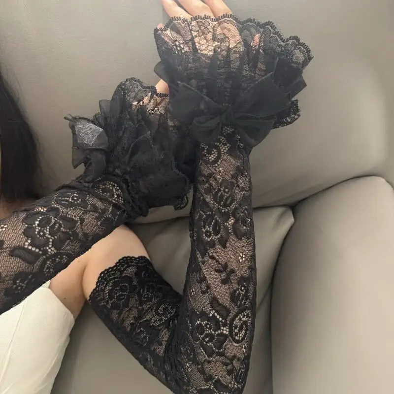 1 Paar schwarze, gotische, elastische, lange Armstulpen für Damen, Lolita-JK-Handschuhe ohne Finger, zur Verwendung als Kleidungsaccessoire. – Detail 1