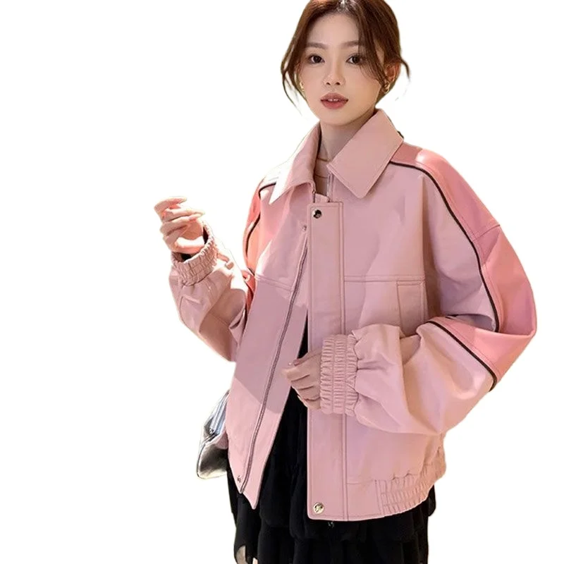 แจ็คเก็ตหนังเบสบอล ผู้หญิง ฤดูใบไม้ร่วง ฤดูหนาว แจ็คเก็ตสไตล์อเมริกันใหม่ ทรงหลวม สวยงาม พรีเมียม แจ็คเก็ตหนังแบบต่อผ้า