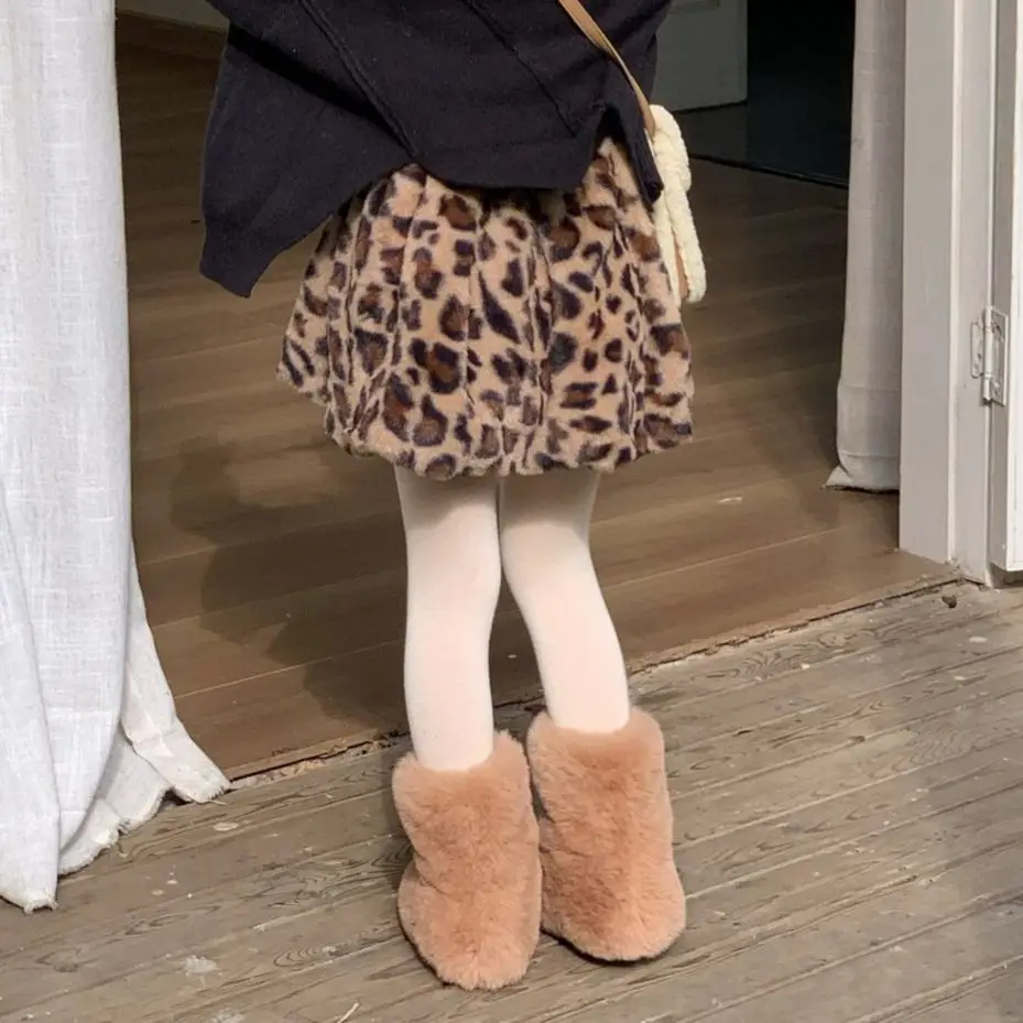 Girls Fall Winter Baby Short Winter Skirt Little Girl Furry Kids Cake Puffy Skirt White Pink Leopard Fashion