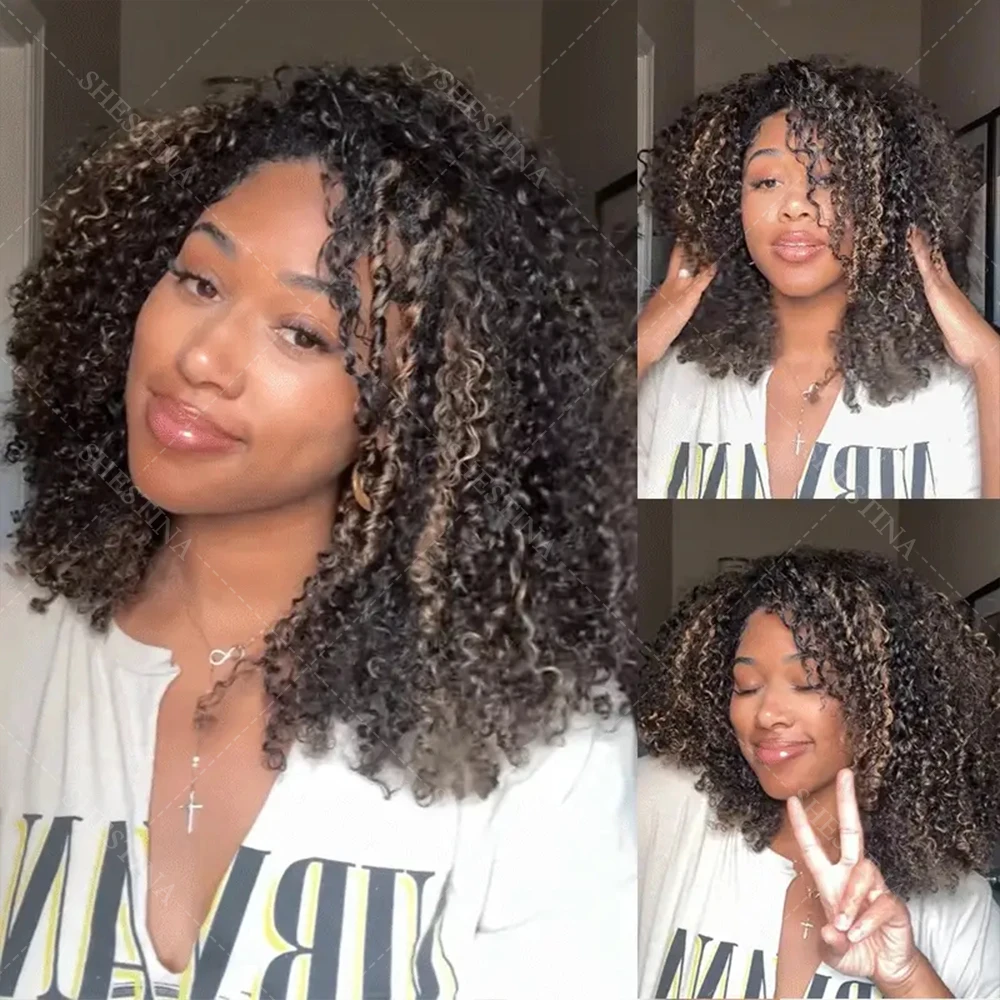 

Блондинка Выделите Афро Вьющийся Полупарик Человеческие Волосы Бесклеевой Парик Готов к Ношению 3 В 1 Половина Парика Шнурок Джерри Кудрявые Откидные Парики