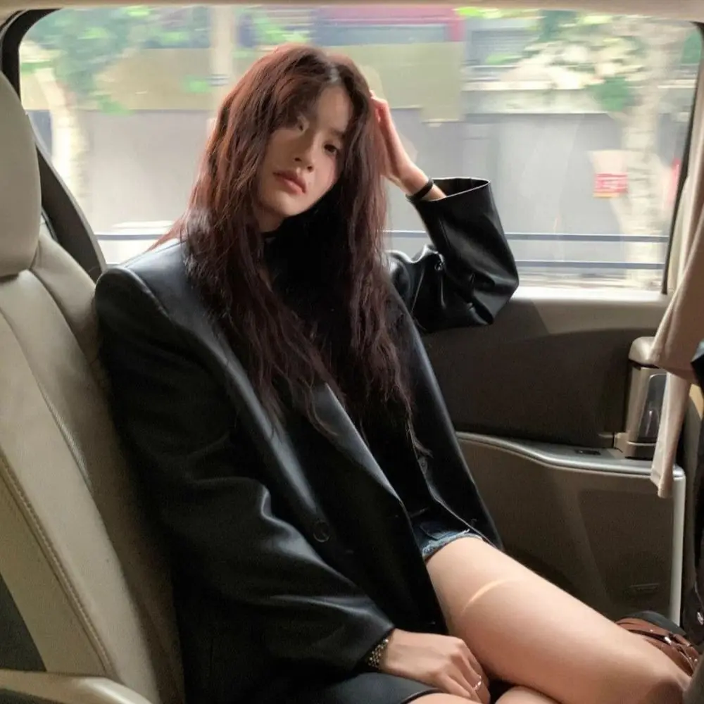

Sweet Lapel Collar Leather Jacket Women Korean Chic Retro Suit Leather Jacket Loose Outerwear Vintage PU Coats Women