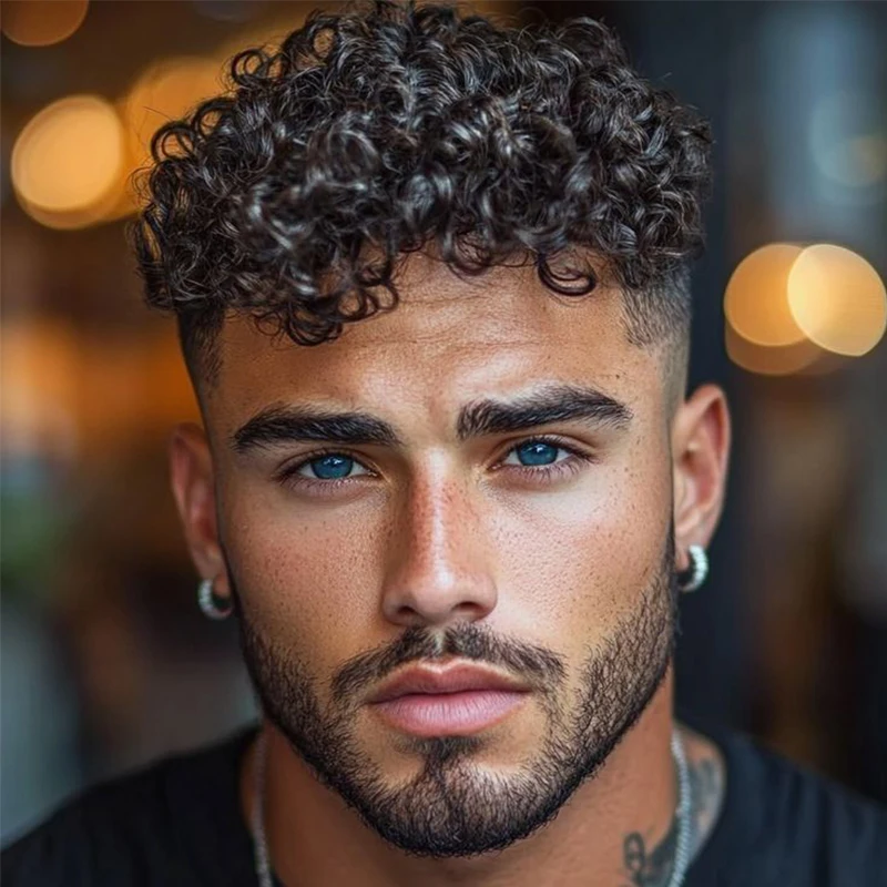 Q6 Lace PU Men Toupee 20mm Afro Curly 100% Human Hair Brown Blonde Colored Male Hair Replacement Wig Natural Hairline Easy Wear