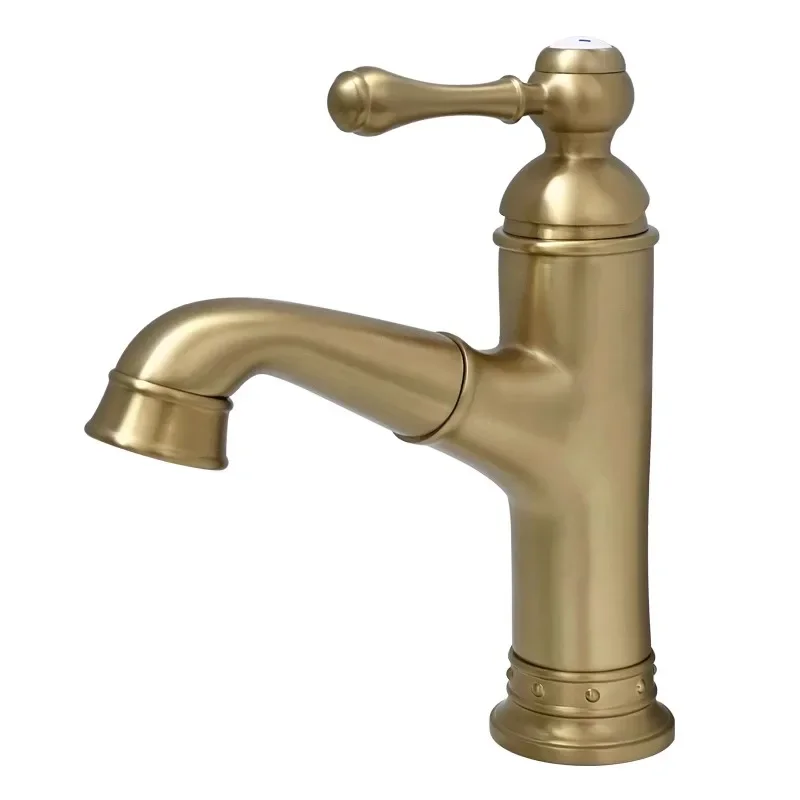 French retro pull-out faucet brass new hot and cold water washbasin retractable household faucet bathroom accessories gold silve