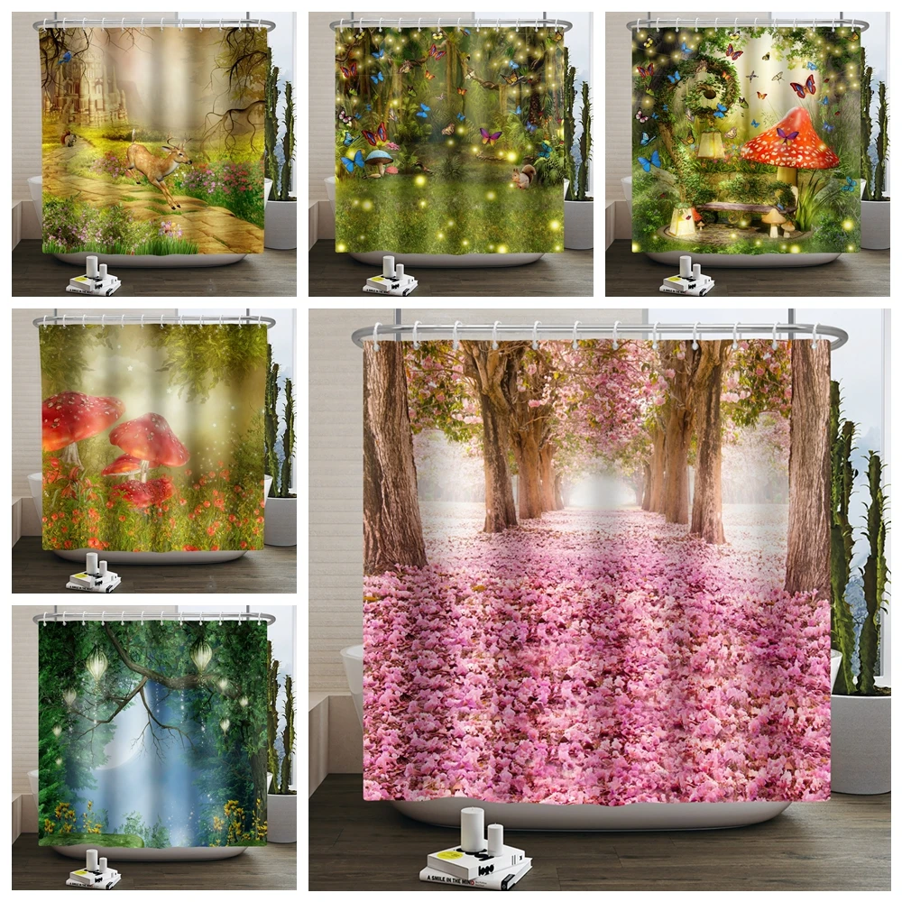 

Spring Dreamy Forest Mushroom Butterfly Shower Curtains Fantasy Fairy Jungle Tree Trippy Waterproof Bathroom Curtain Home Decor