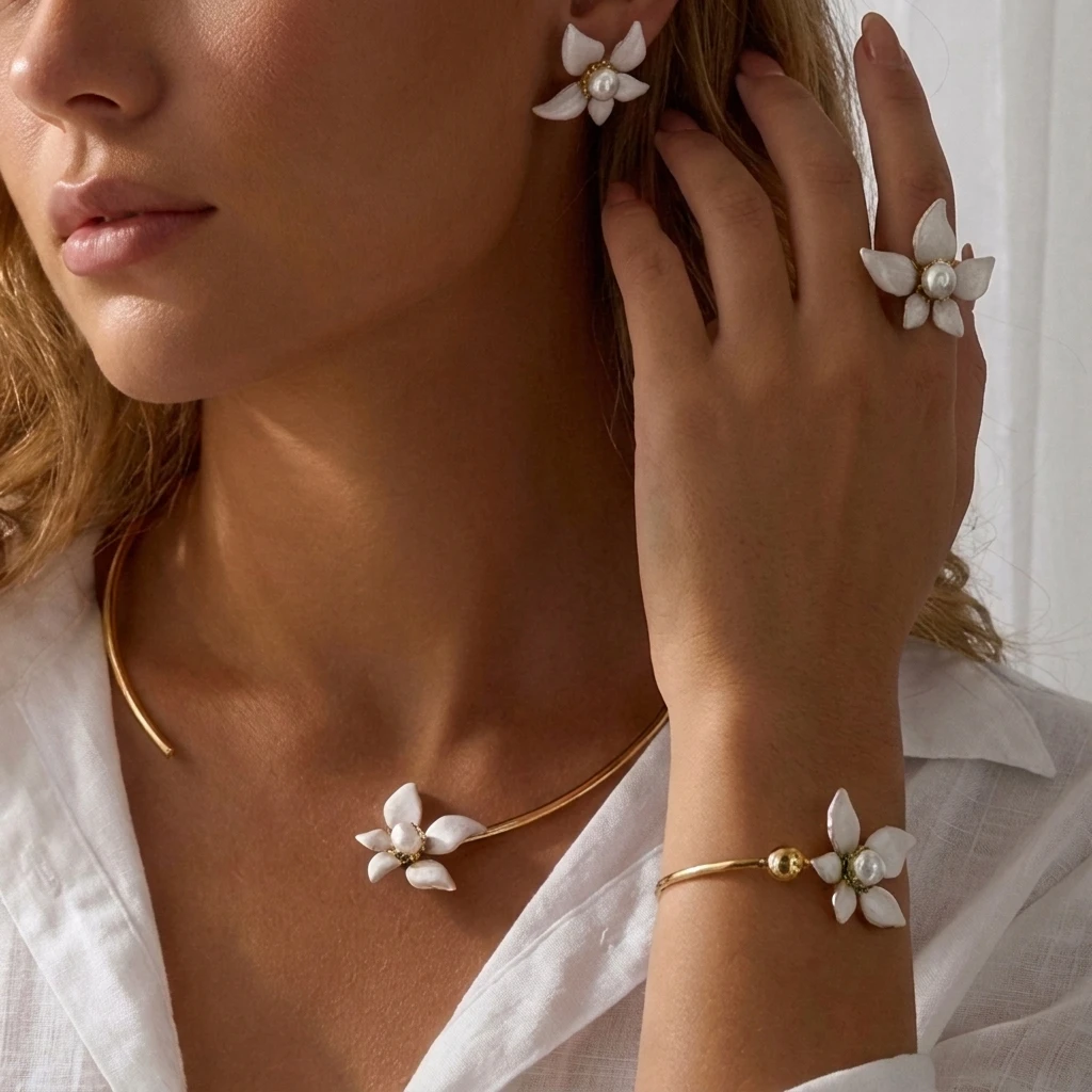 Exquisites Weißes Emaille-Blumen-Armband und Halskette für Damen, Eleganter Perlen-Blumen-Choker, Ring, Modischer Luxus-Schmuck als Geschenk – Detail 1