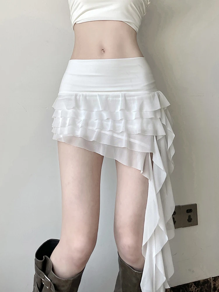 Zoki Ruffles Sexy Mesh Y2K Skirts Women Slim Streetwear Vintage High Waist Mini Skirt Harajuku Retro Irregular Design Skirt New