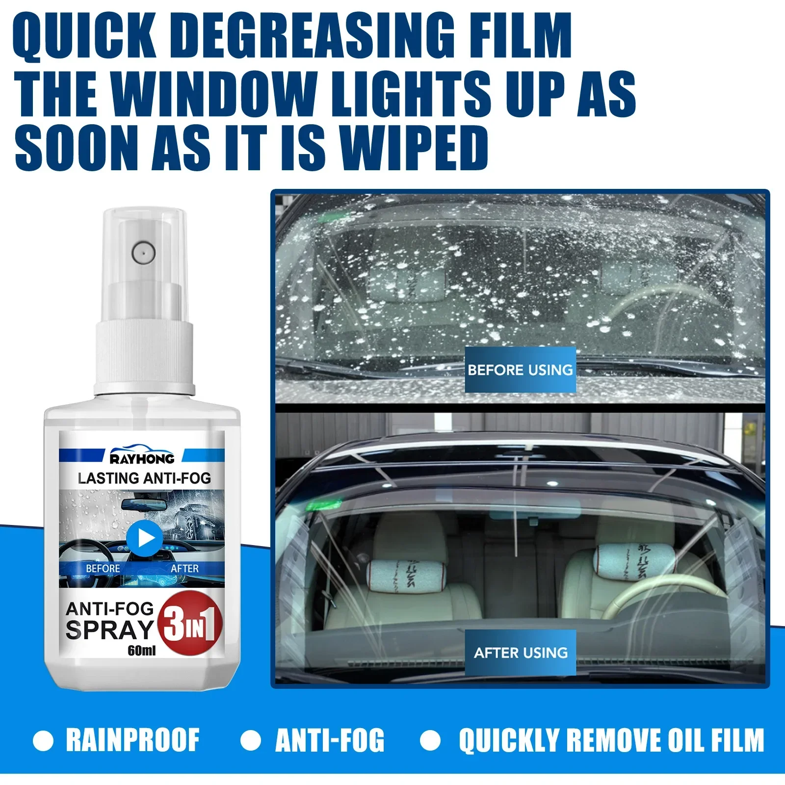 

3-in-1 60ml Anti-fog Agent Auto Defogger Agent Spray Car Window Windshield Glasses Cleaner Antifogging Agent