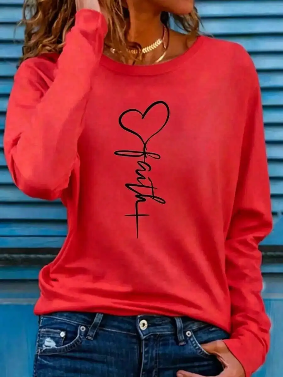 

Women Long Sleeve Loose Crew Neck Top Solid Color Polyester Knit Tee With Faith Heart Design Casual Autumn Winter