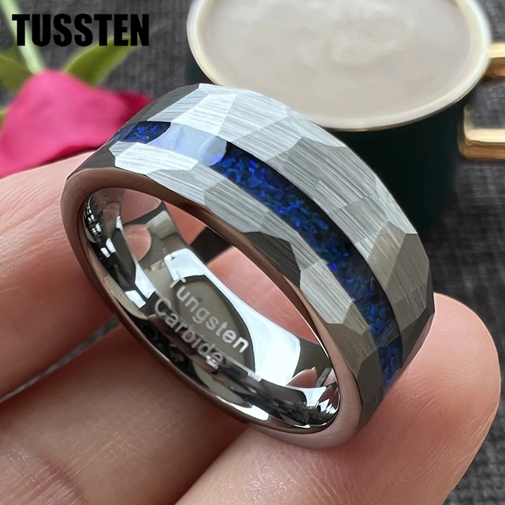 TUSSTEN 8MM Silver Hammered Tungsten Finger Ring for Men Women Fashion Engagement Wedding Band Genuine Blue Opal Inlay