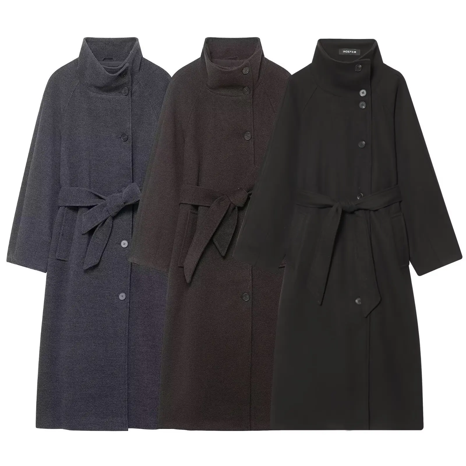 

KIDCRKJ Women Spring Elegant Overcoat Stand Collar Pure Color Belted Cinched Waist Female Jacket Long Temperament Lady Coat