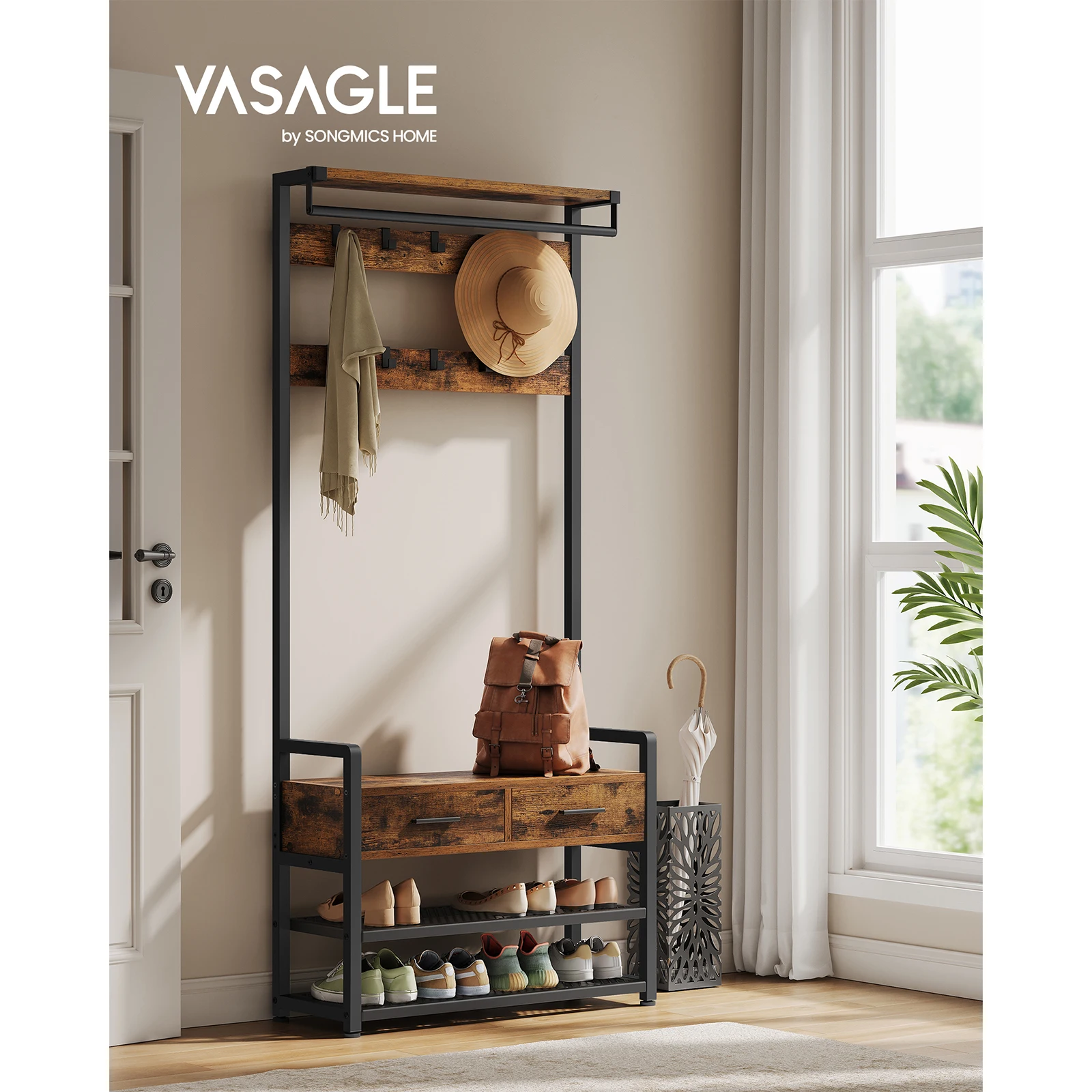 VASAGLE Hall Tree with Bench, Shoe Storage, Coat Rack, 2 Fabric Drawers, 10 Hooks, 30 x 80.4 x 181.6 cm