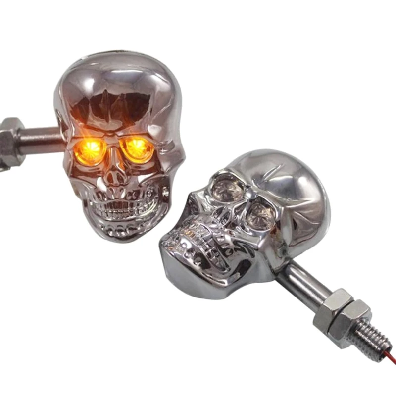 Upgraded Motorbike 10mm Screw Skull Head LED Amber Turn Signal Indicator Light Easy Installation Black/Silver Durable