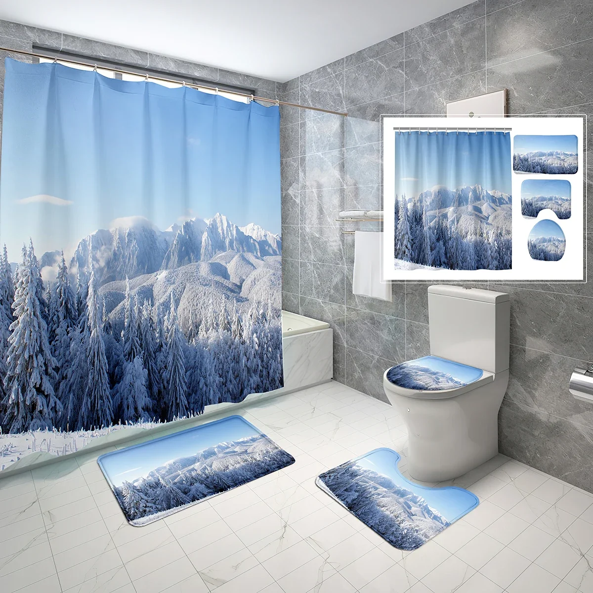 

4 PCS Snow Mountain Shower Curtain Set Beautiful Snow Mountai Landscapen Shower Curtain Bathroom Non-Slip Bath Mat Toilet Cover