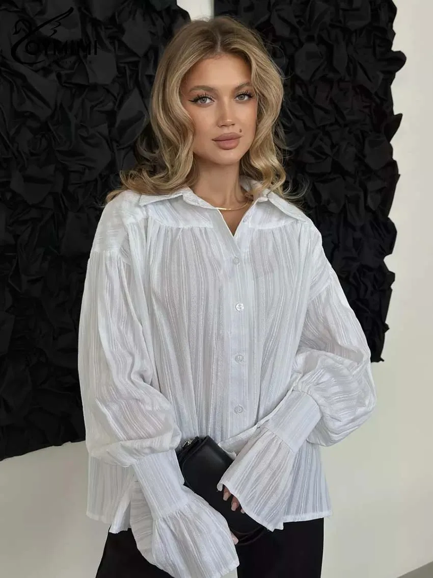 Oymimi Elegant White Cotton Women's Shirt Fashion Lapel Long Sleeve Pleated Shirts Casual Single Breasted Solid Shirt Streetwear