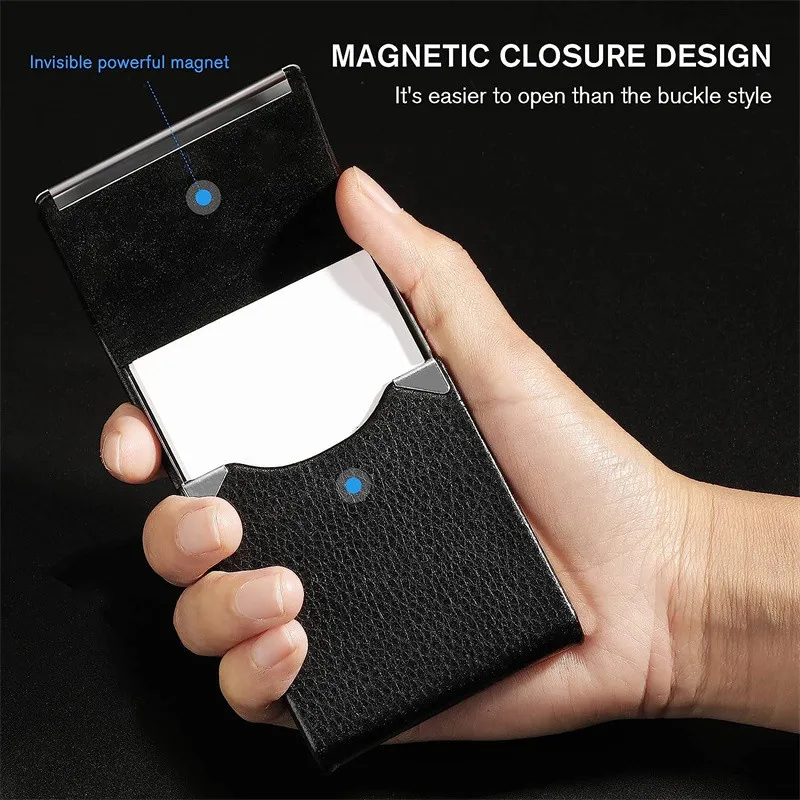 Creative Business Card Holder PU Leather Business Card Case with Magnetic Clasp Pocket RFID Blocking Business Card Organizer