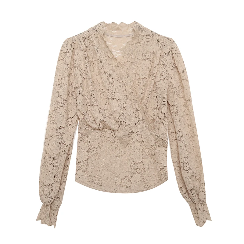 New,European,Clothes,T-Shirt,Chic,Sexy,V-Neck,Hollow out,Lace,Women,Tops,Long Sleeve,Patchwork,Bottoming Shirt,Slim,Tees,59024