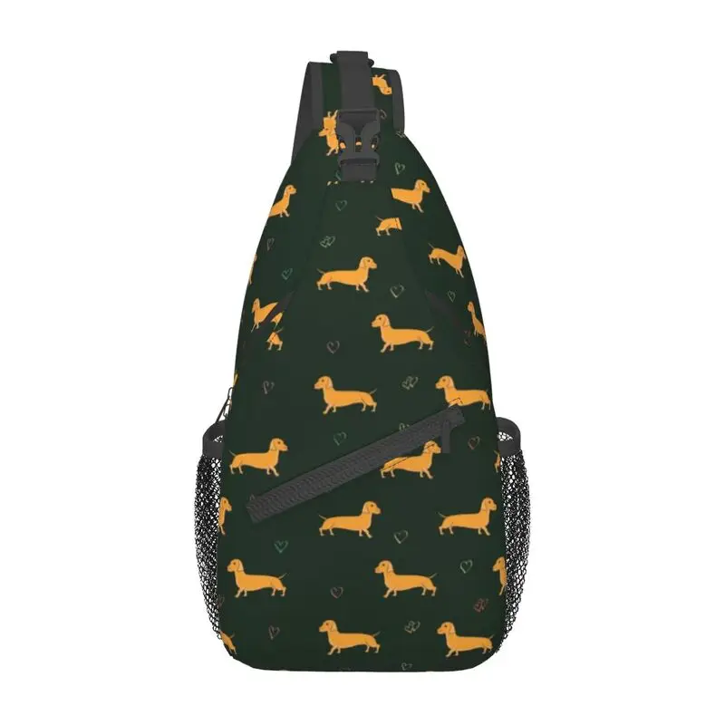 Bolsa de peito crossbody para homens, mochila de ombro estilingue, husky legal, dachshund, salsicha, cachorro, corações padrão, texugo, cachorro, camping, ciclismo