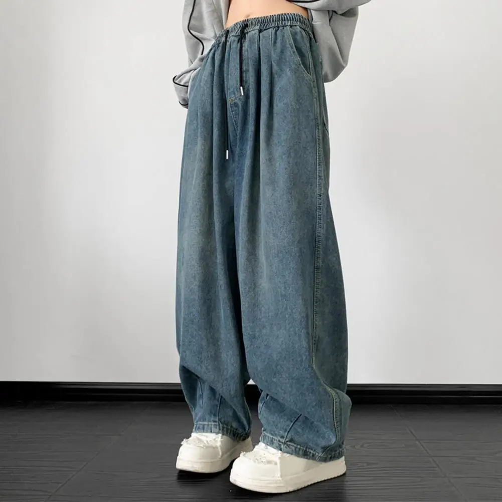 

Men Elastic Waist Pants Retro Distressed Men's Wide Leg Pants with Drawstring Waist Multi Pockets High Street Style for A