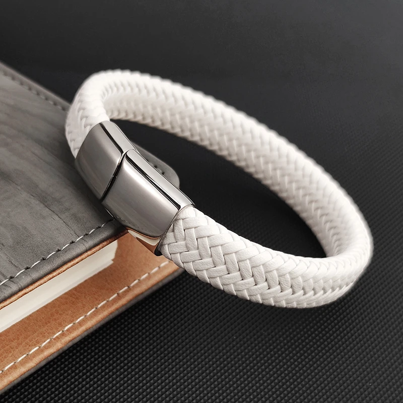 Bracelet tressé en cuir blanc pour hommes, fermoir à boucle en acier inoxydable, fait à la main, vente en gros, bijoux, cadeau