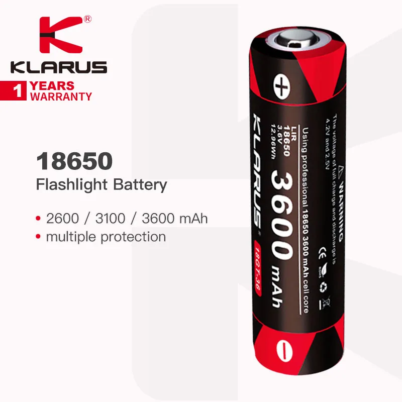 

Klarus 18650 Battery for Flashlight, Available in 2600mAh / 3100mAh / 3600mAh, 7A Continous Discharge, Multiple Protection